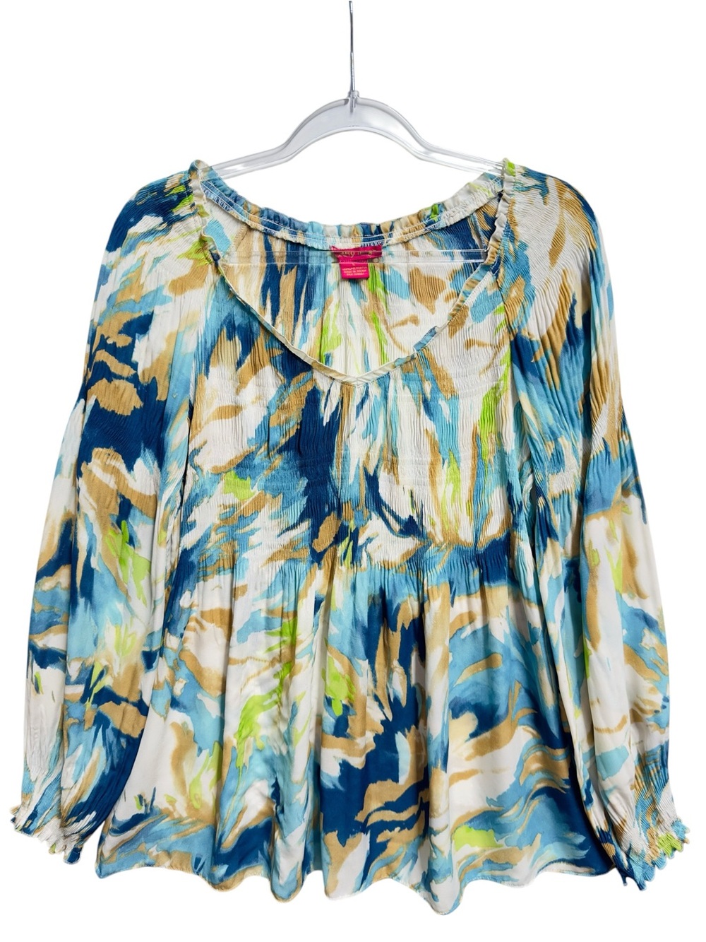 Chiffon Smocked Babydoll Flare Watercolor Peasant Blouse Top